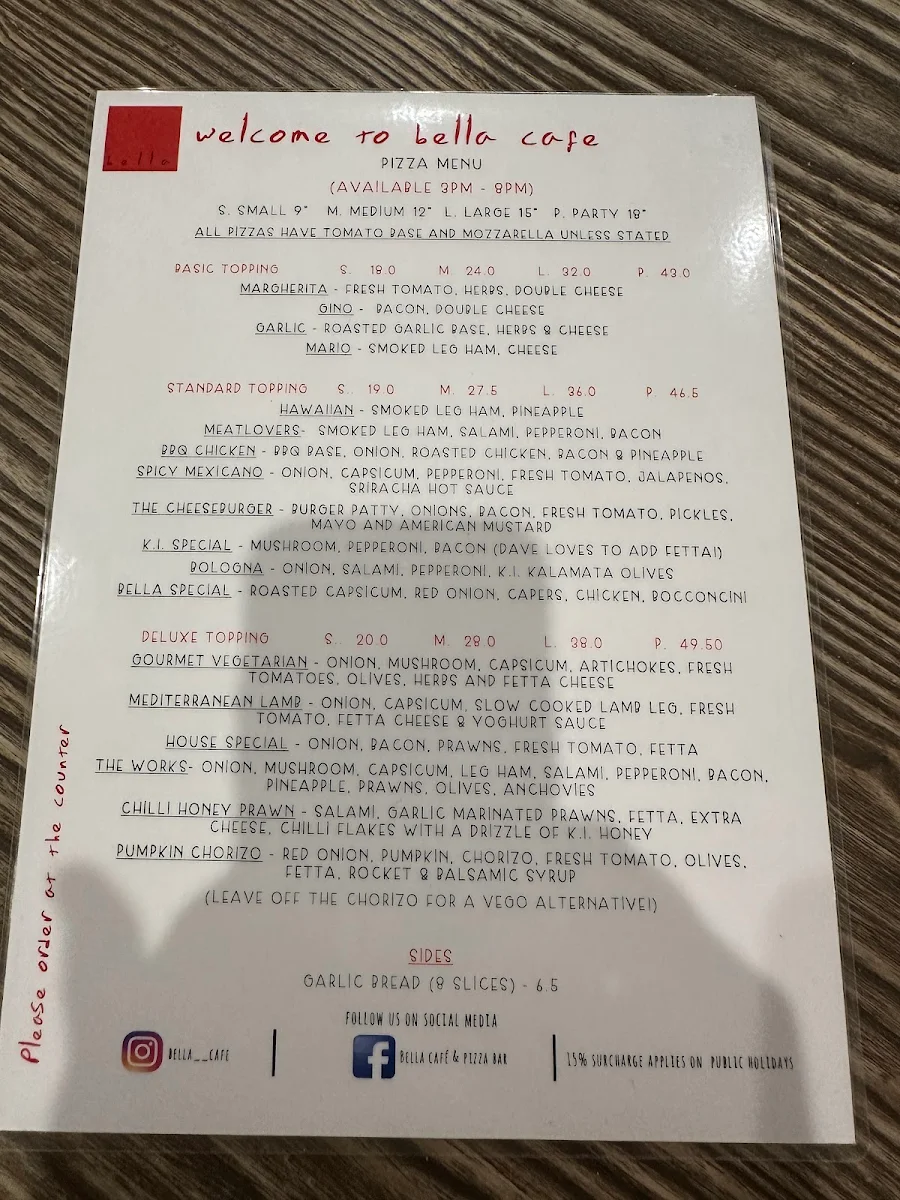 Menu, Bella Cafe & Pizza Bar