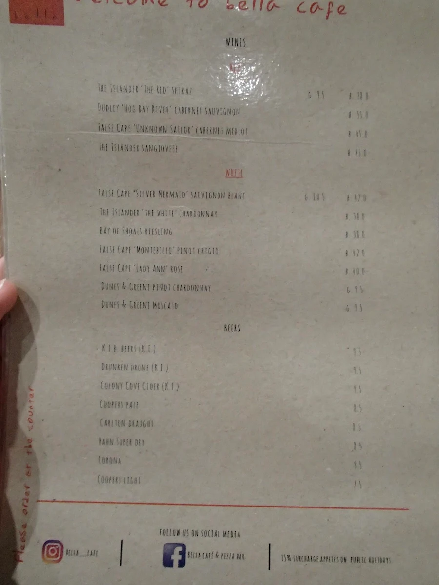 Menu, Bella Cafe & Pizza Bar