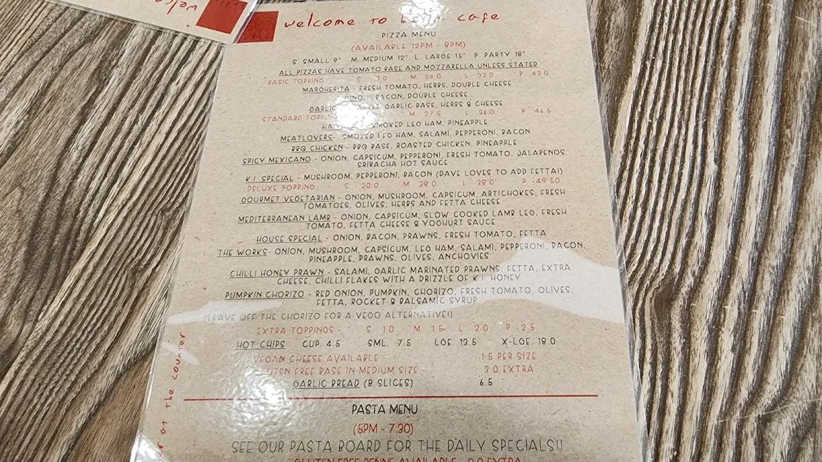 Menu, Bella Cafe & Pizza Bar