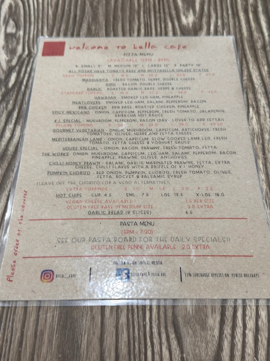 Menu, Bella Cafe & Pizza Bar