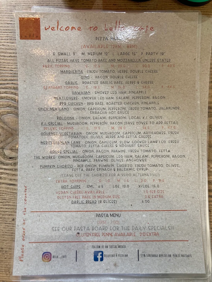 Menu, Bella Cafe & Pizza Bar