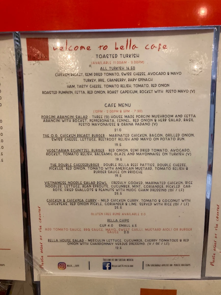 Menu, Bella Cafe & Pizza Bar