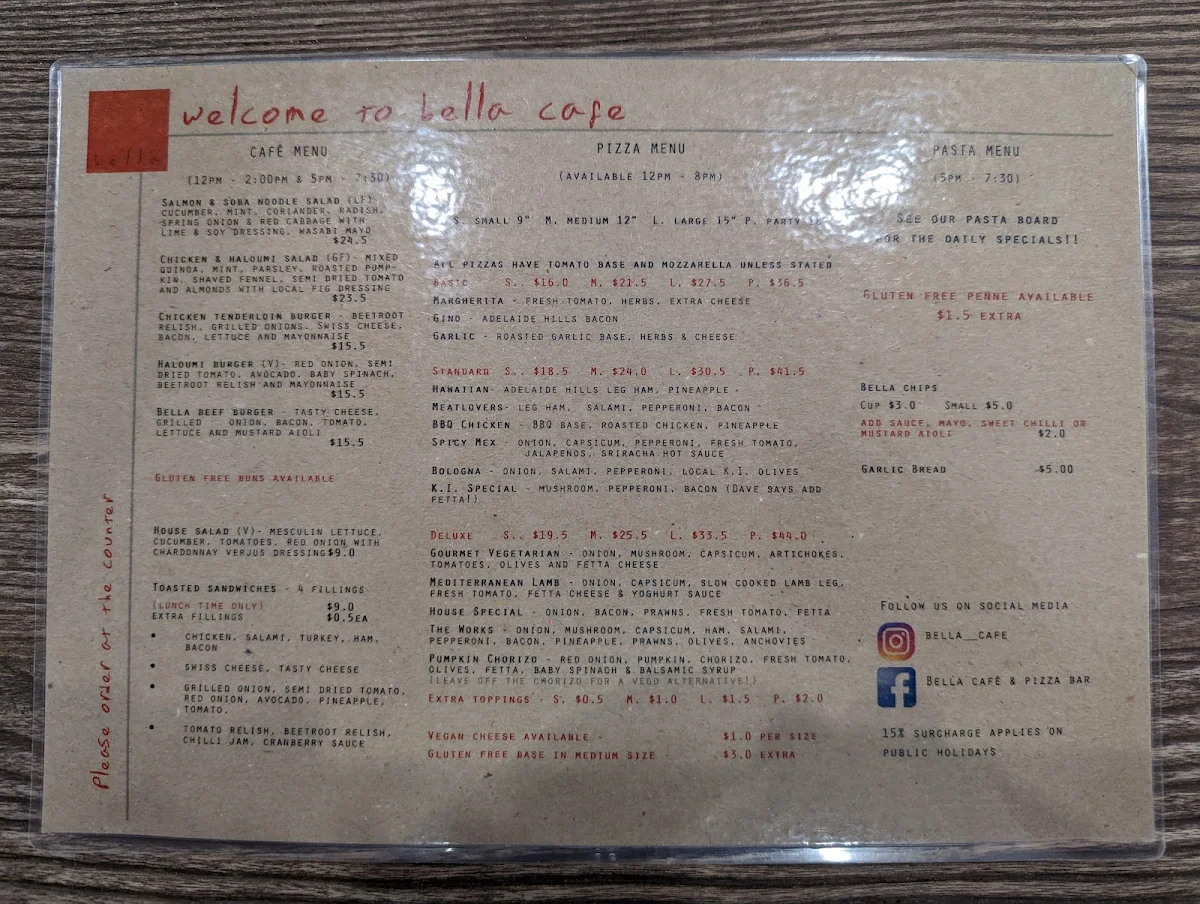 Menu, Bella Cafe & Pizza Bar