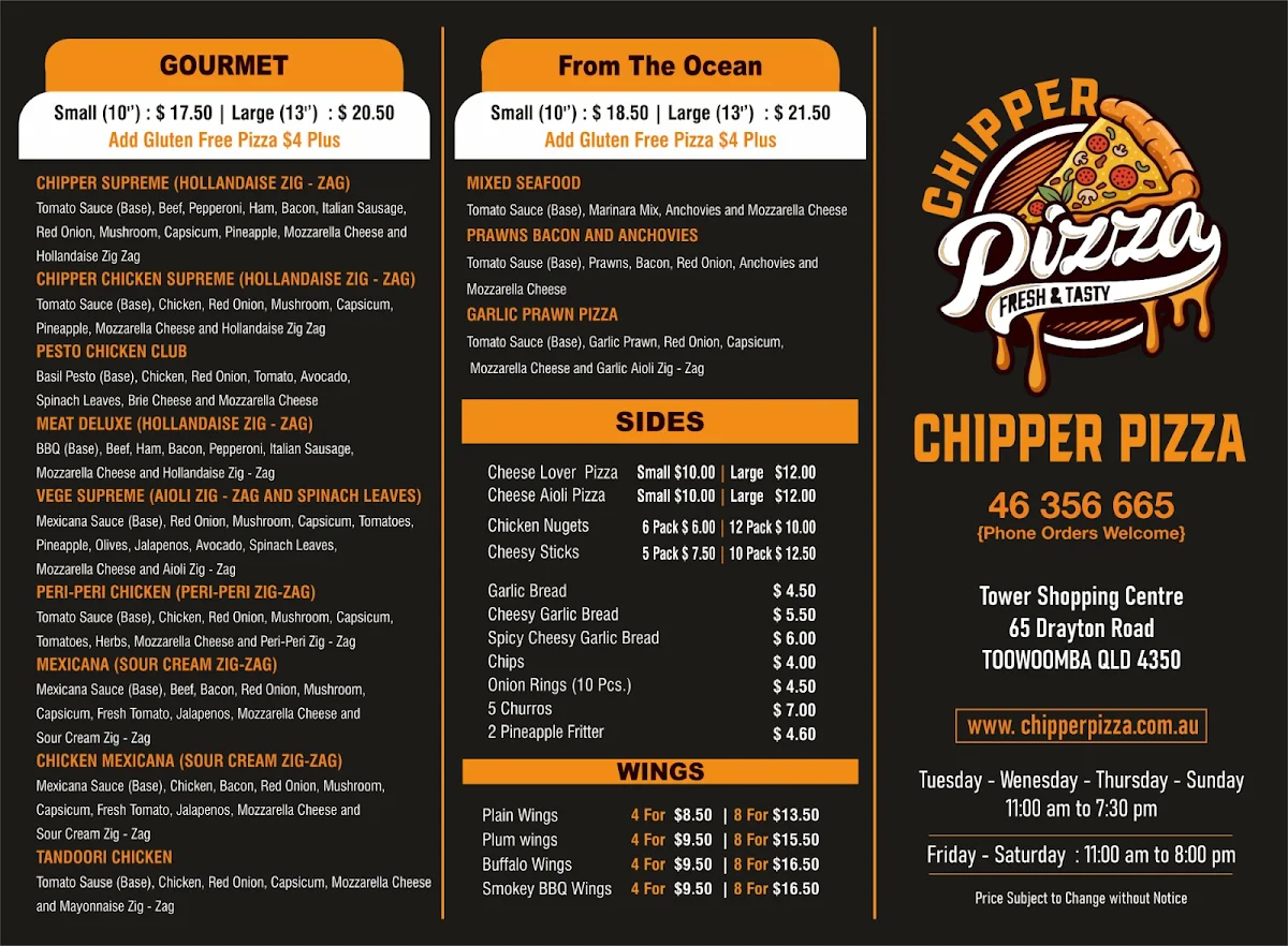 Menu, Chipper Pizza Toowoomba