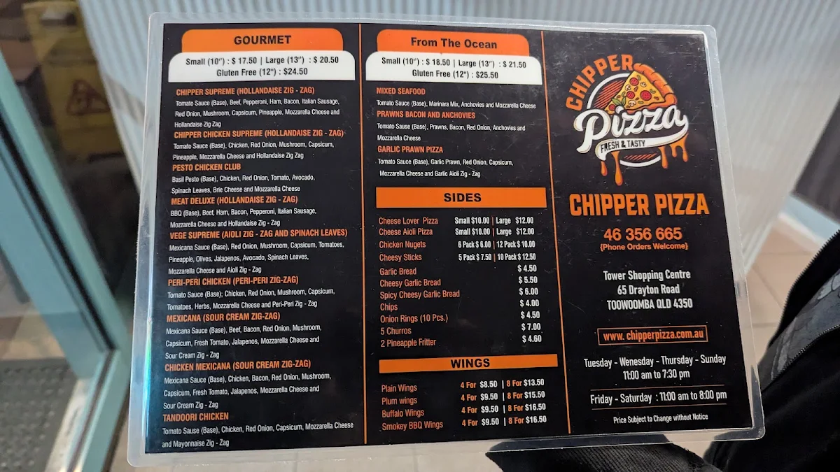 Menu, Chipper Pizza Toowoomba