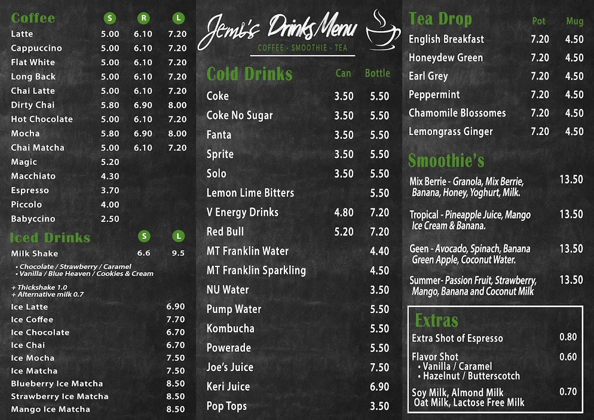 Menu, Jemi's Cafe