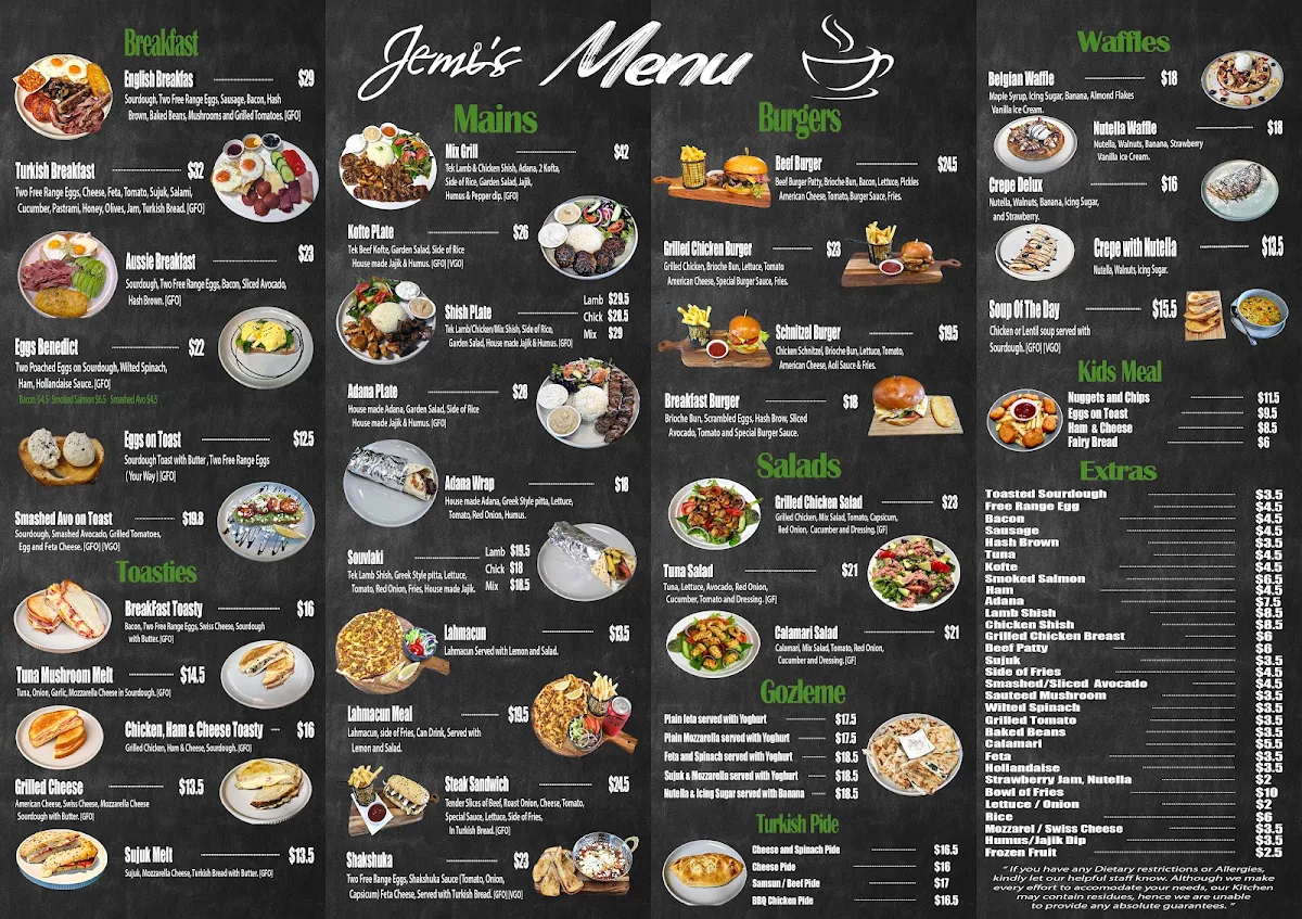 Menu, Jemi's Cafe