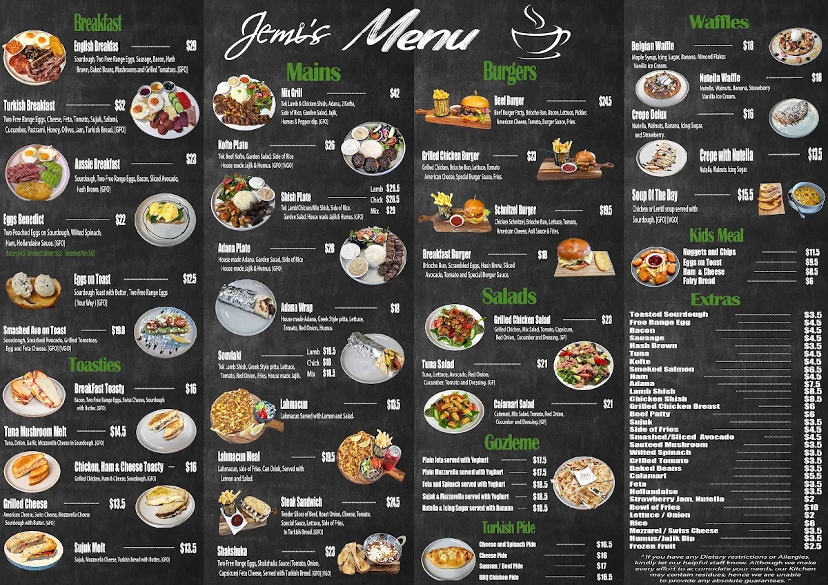 Menu, Jemi's Cafe