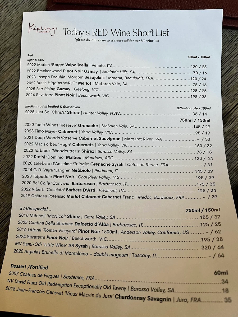 Menu, Kipling's Garage Bar