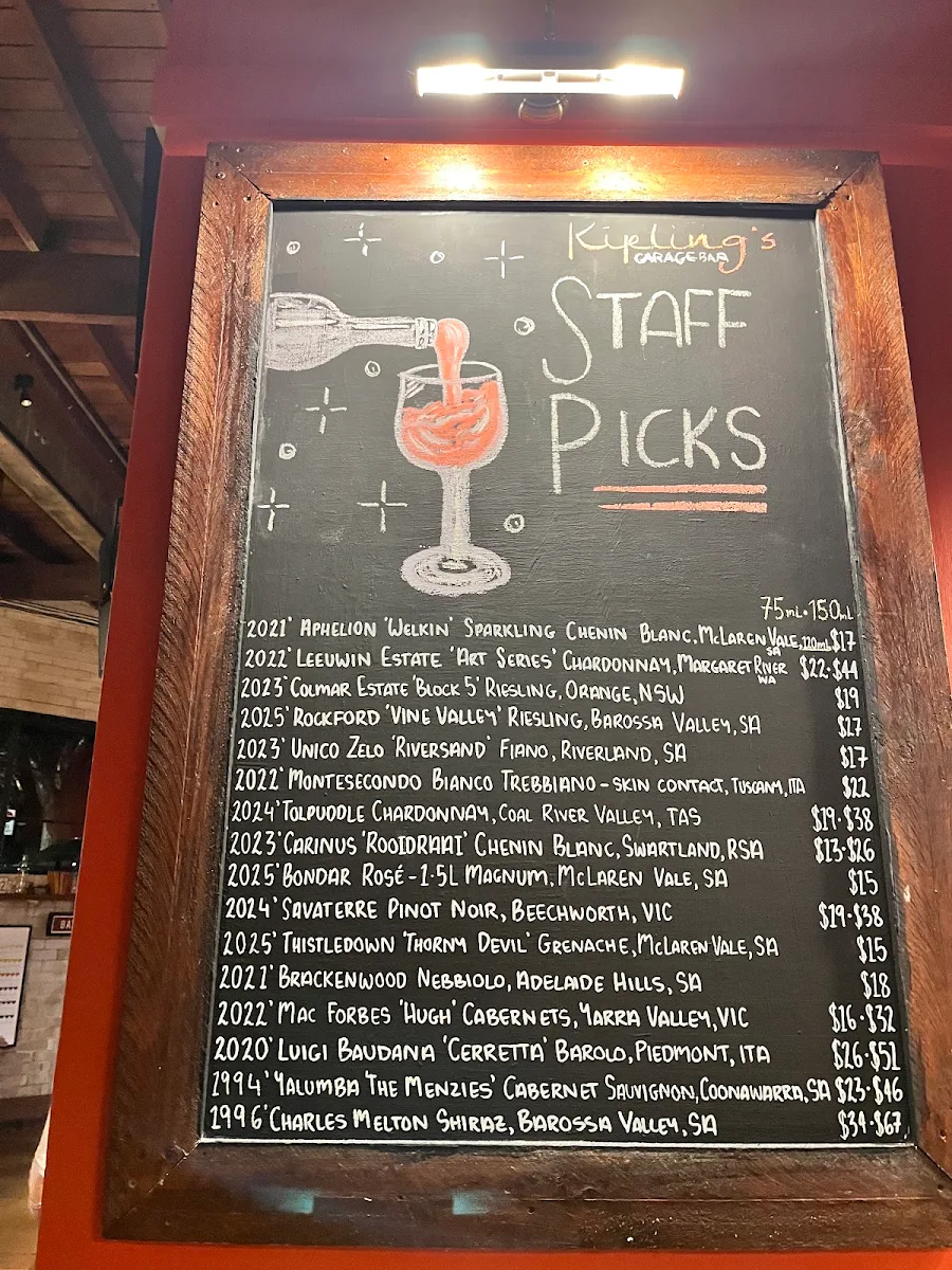 Menu, Kipling's Garage Bar