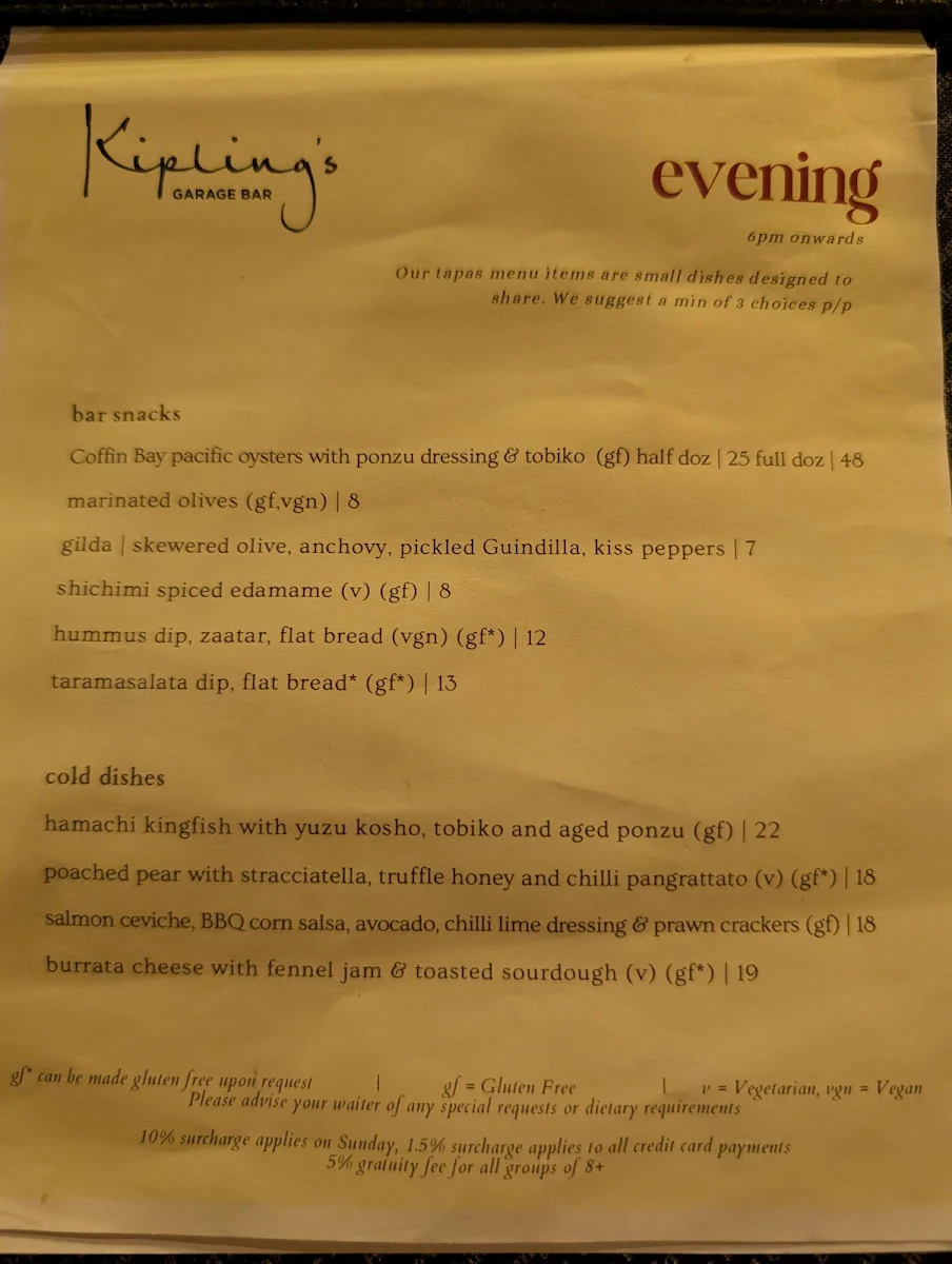 Menu, Kipling's Garage Bar