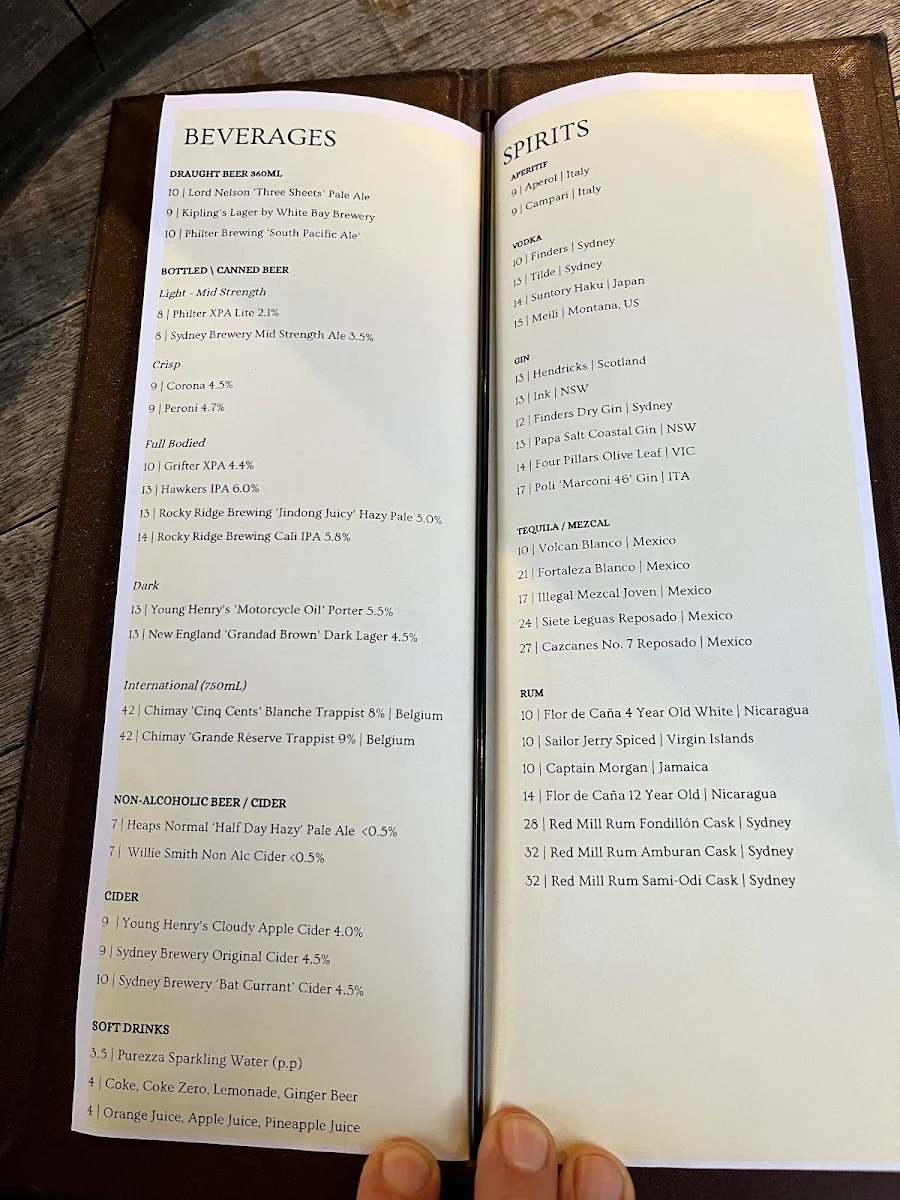 Menu, Kipling's Garage Bar
