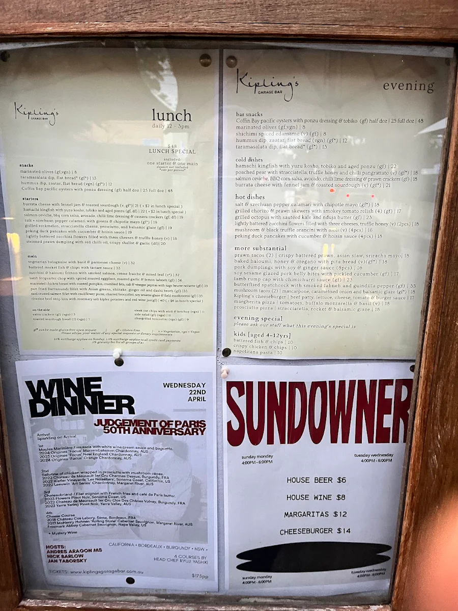 Menu, Kipling's Garage Bar
