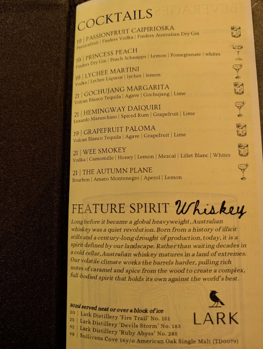 Menu, Kipling's Garage Bar
