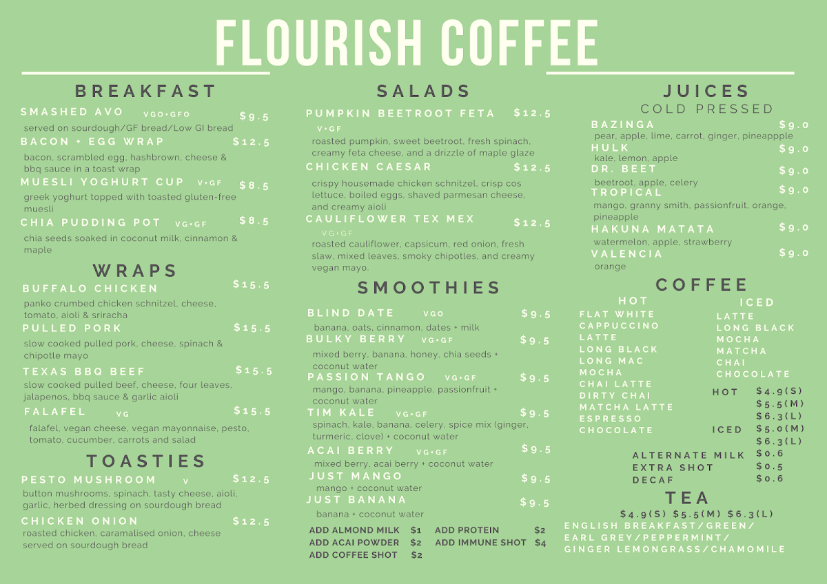 Menu, Flourish Coffee