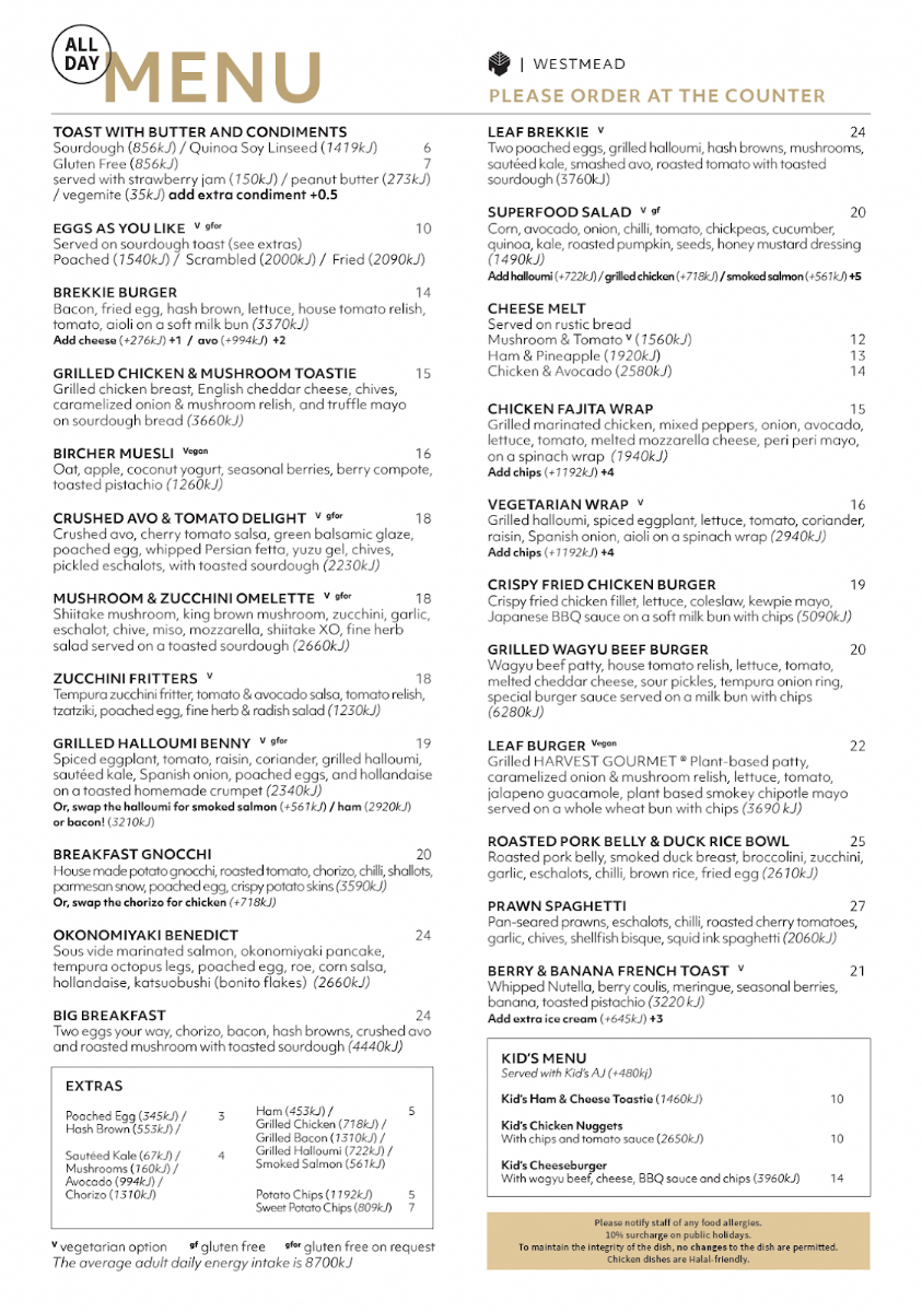 Menu, Leaf Cafe & Co Westmead