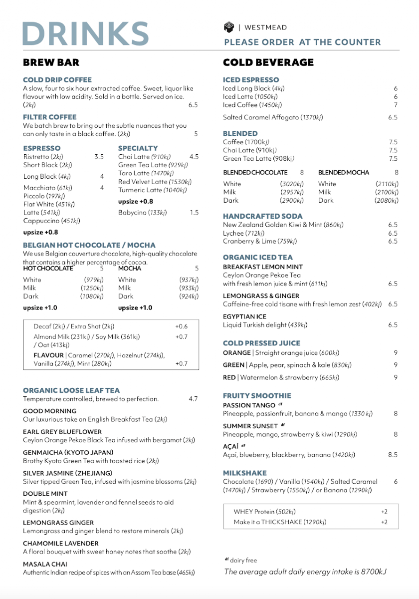 Menu, Leaf Cafe & Co Westmead