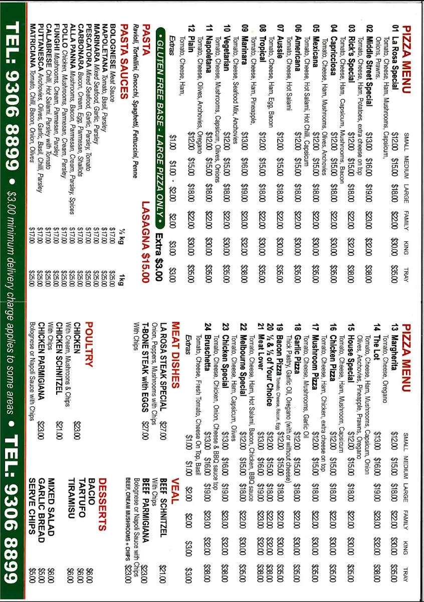 Menu, La Rosa Pizza