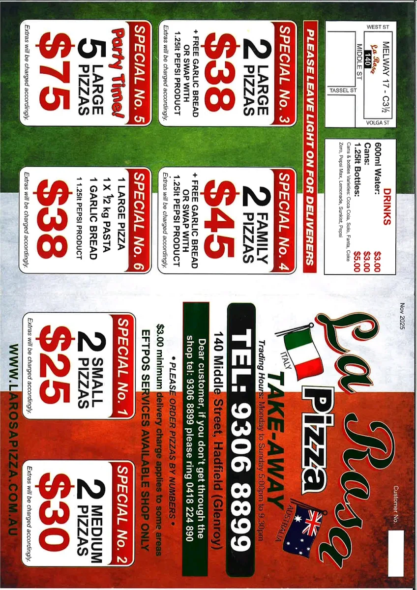 Menu, La Rosa Pizza