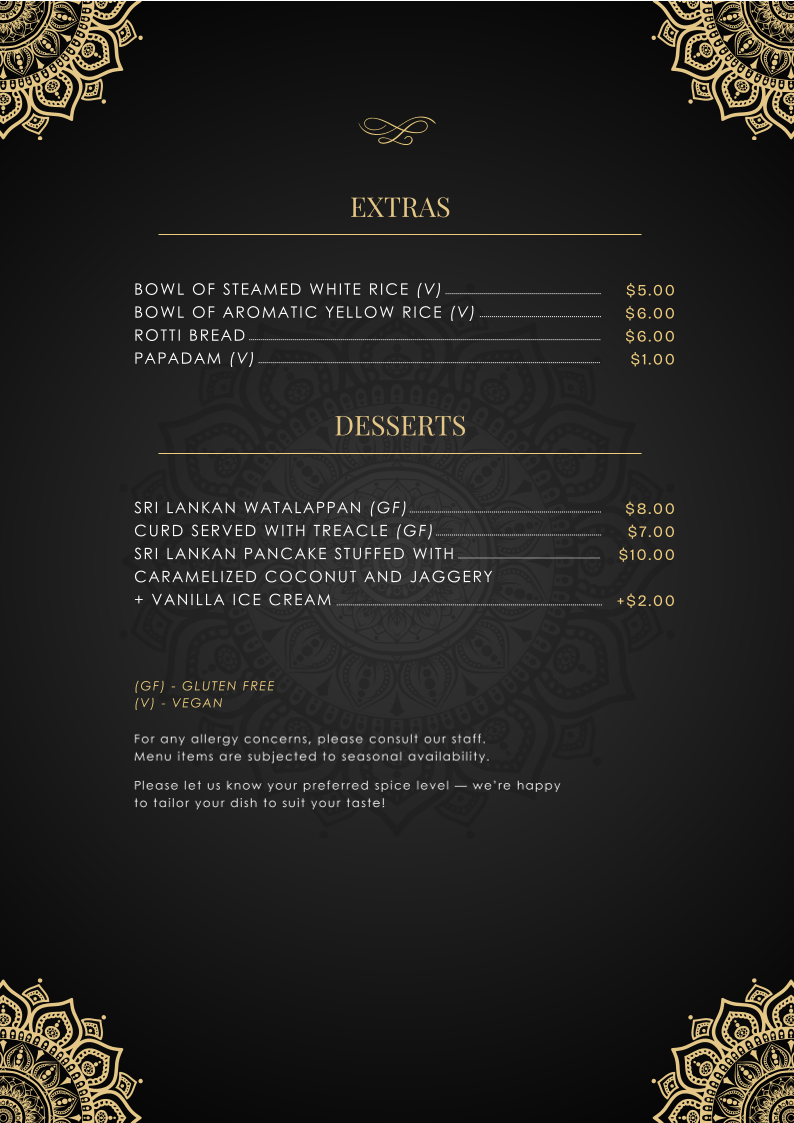 Menu, Ceylon Aroma Grand