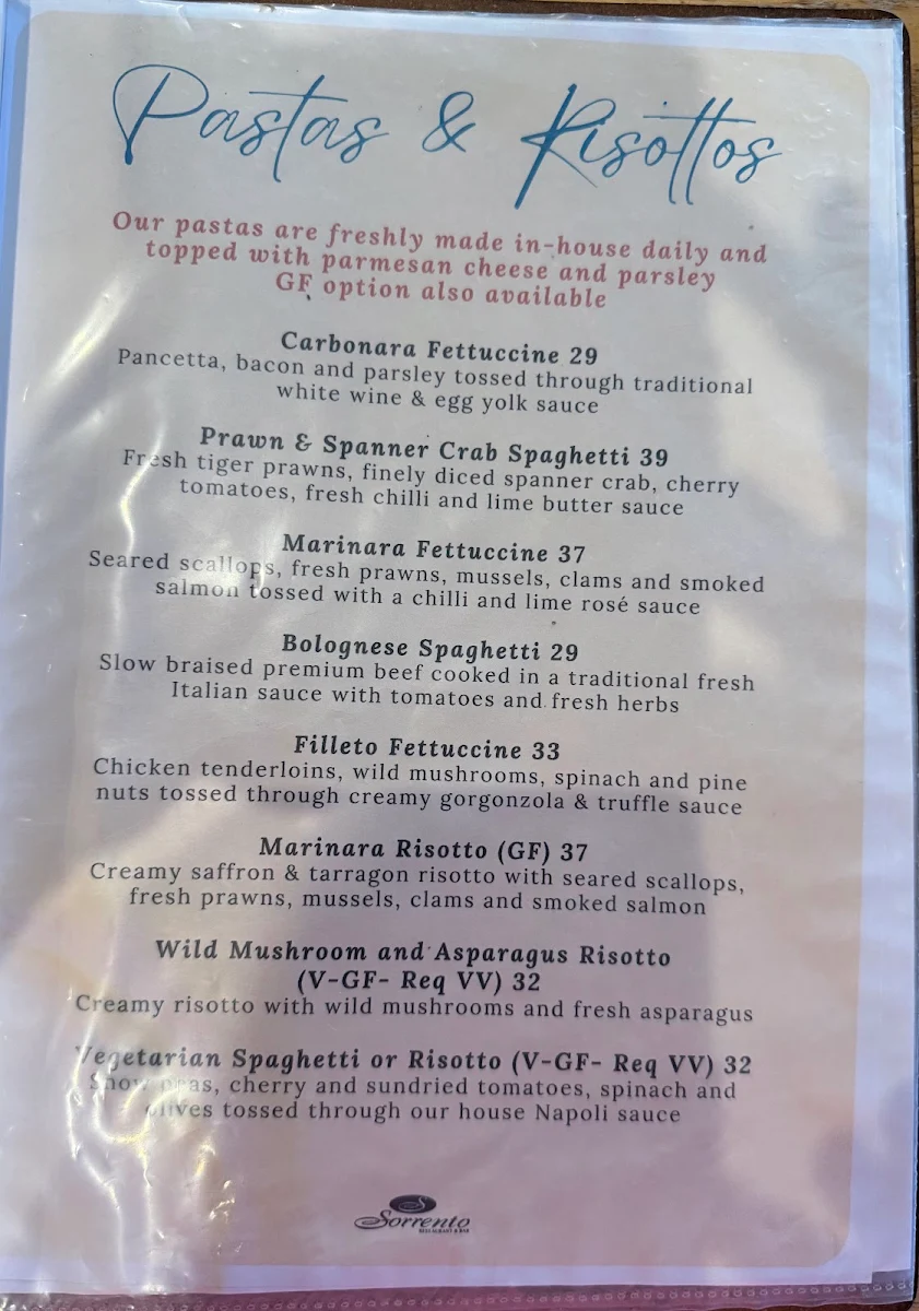 Menu, Sorrento Restaurant & Bar