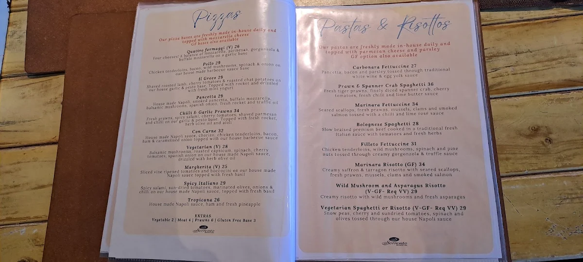 Menu, Sorrento Restaurant & Bar