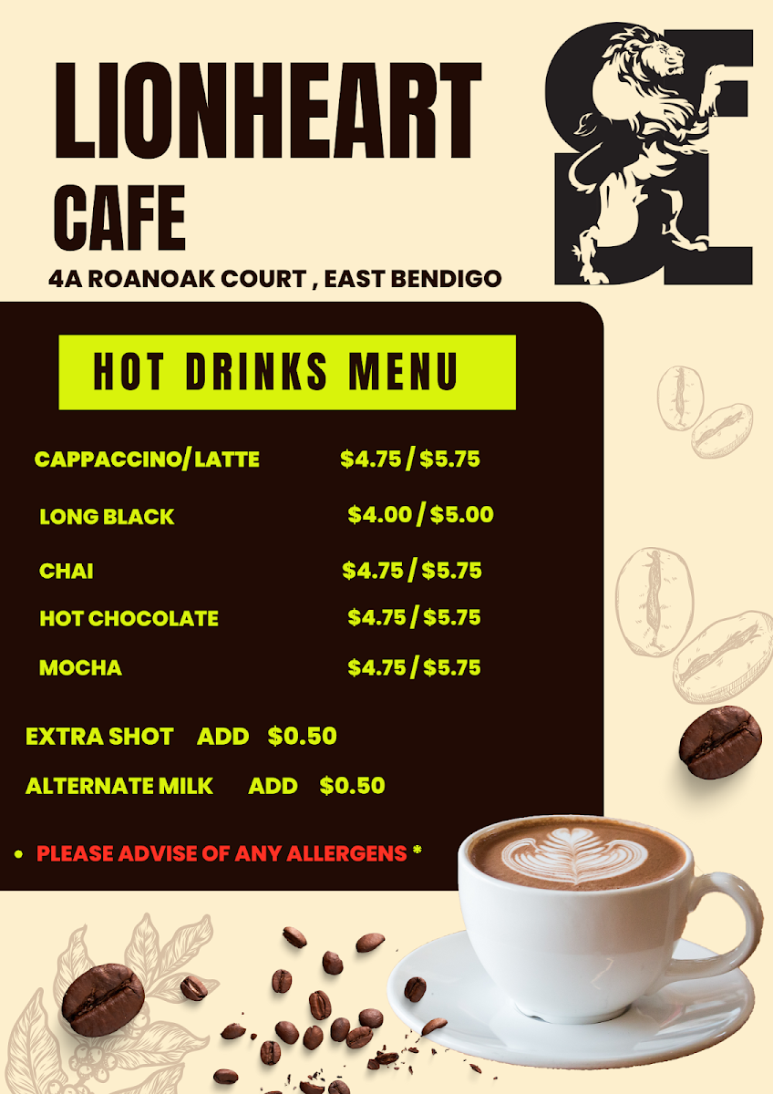 Menu, Lionheart Cafe