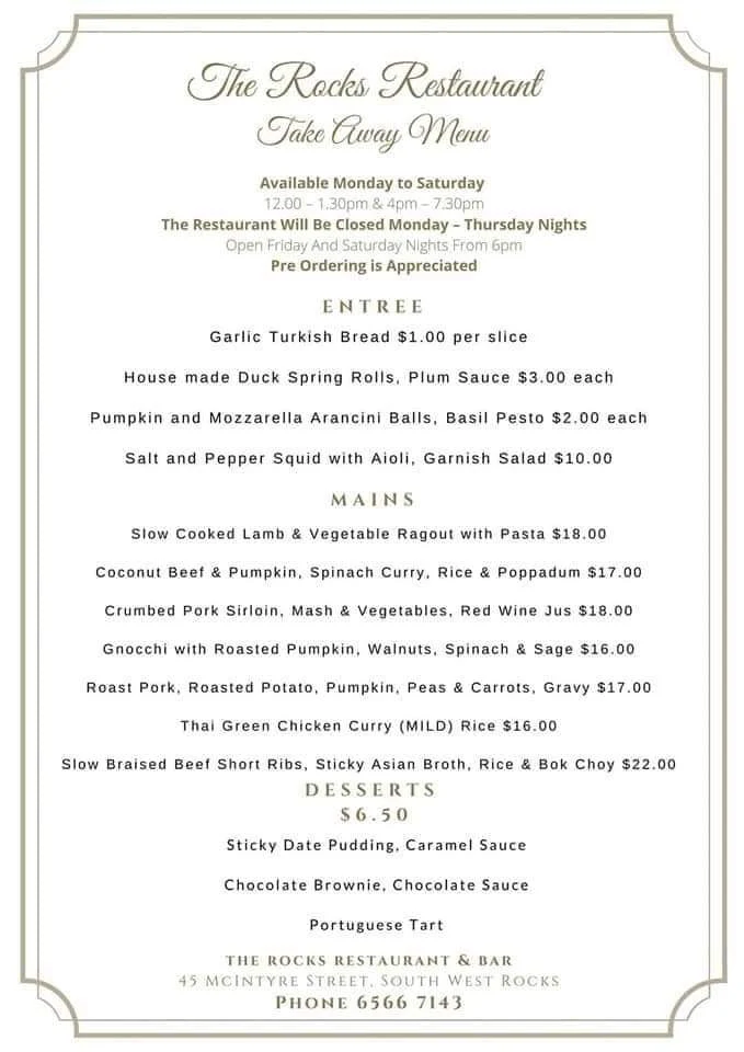 Menu, The Rocks Restaurant & Bar