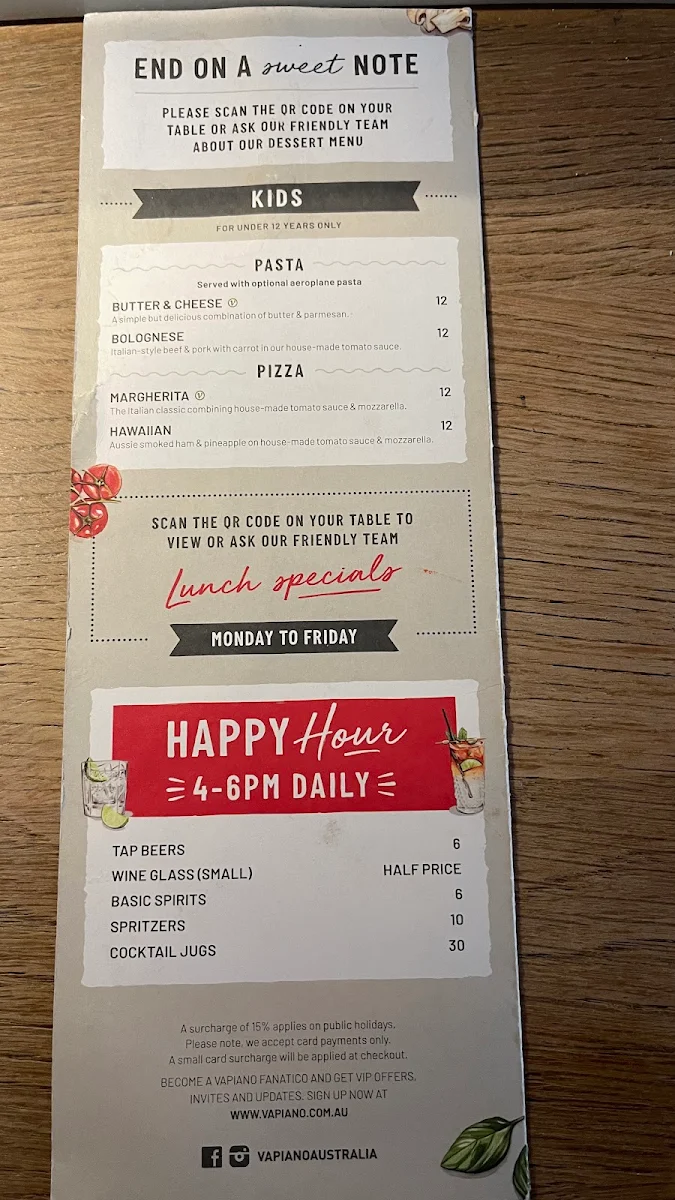 Menu, Vapiano Grand Central