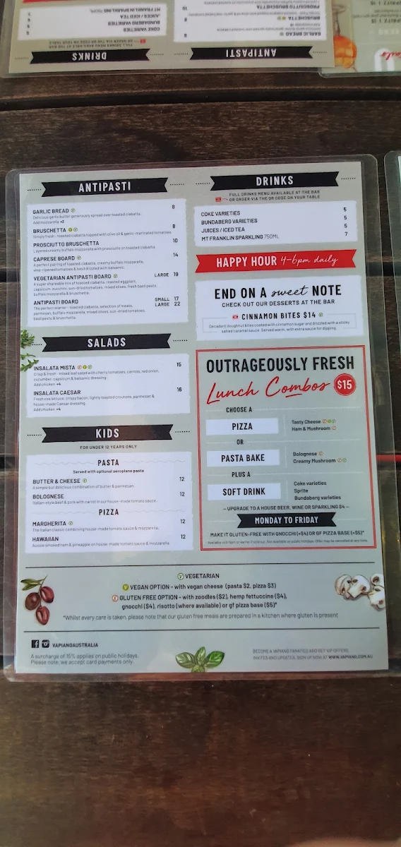 Menu, Vapiano Grand Central