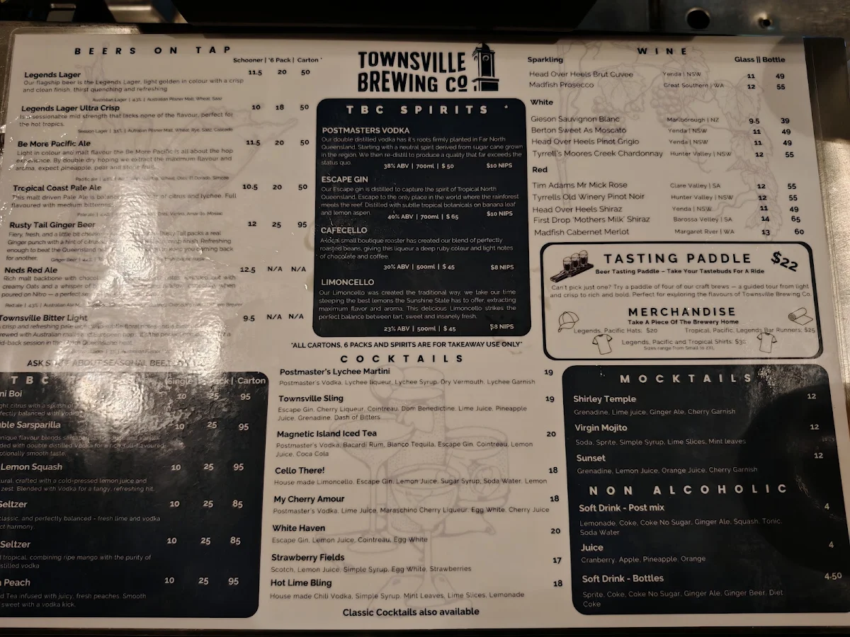 Menu, Townsville Brewing Co