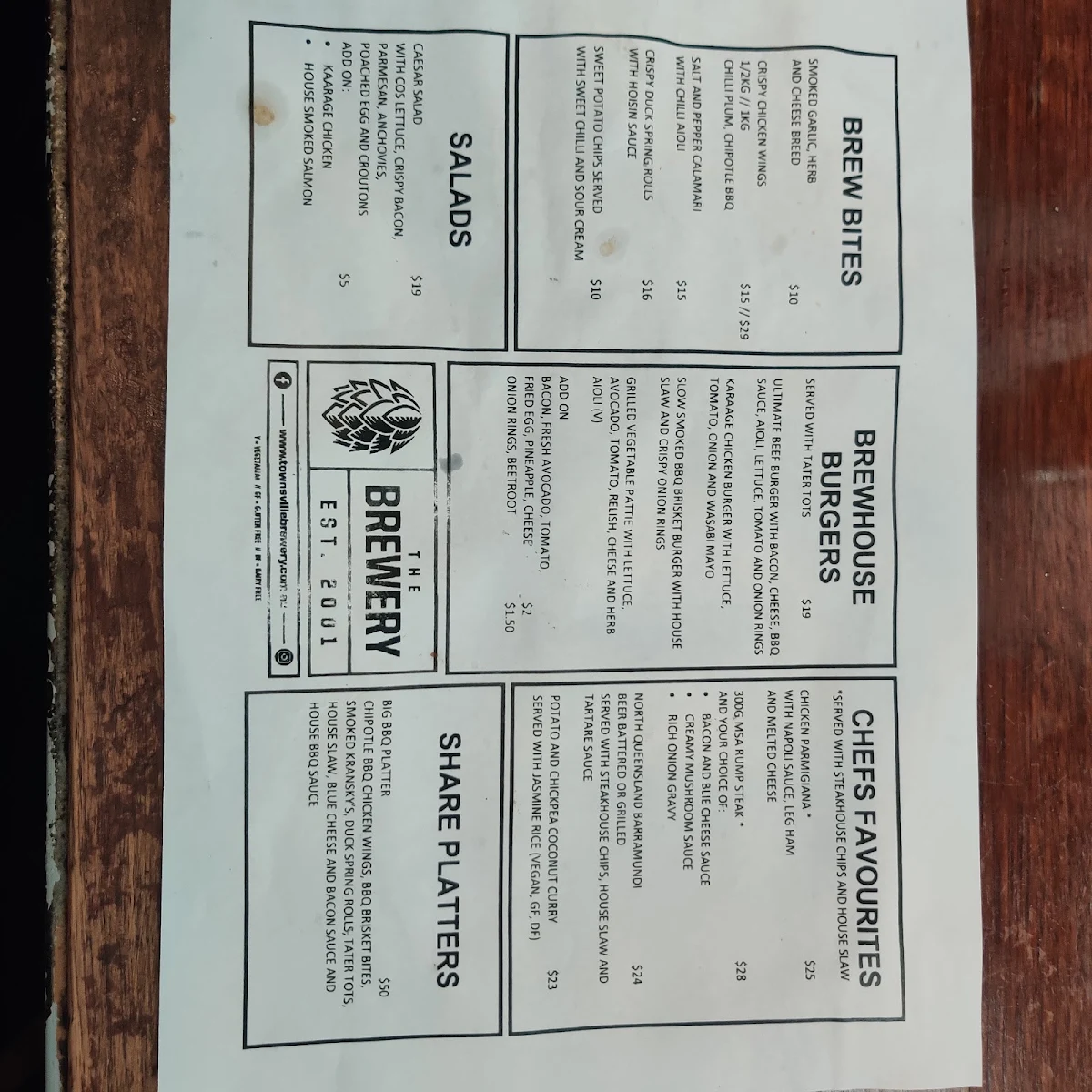 Menu, Townsville Brewing Co
