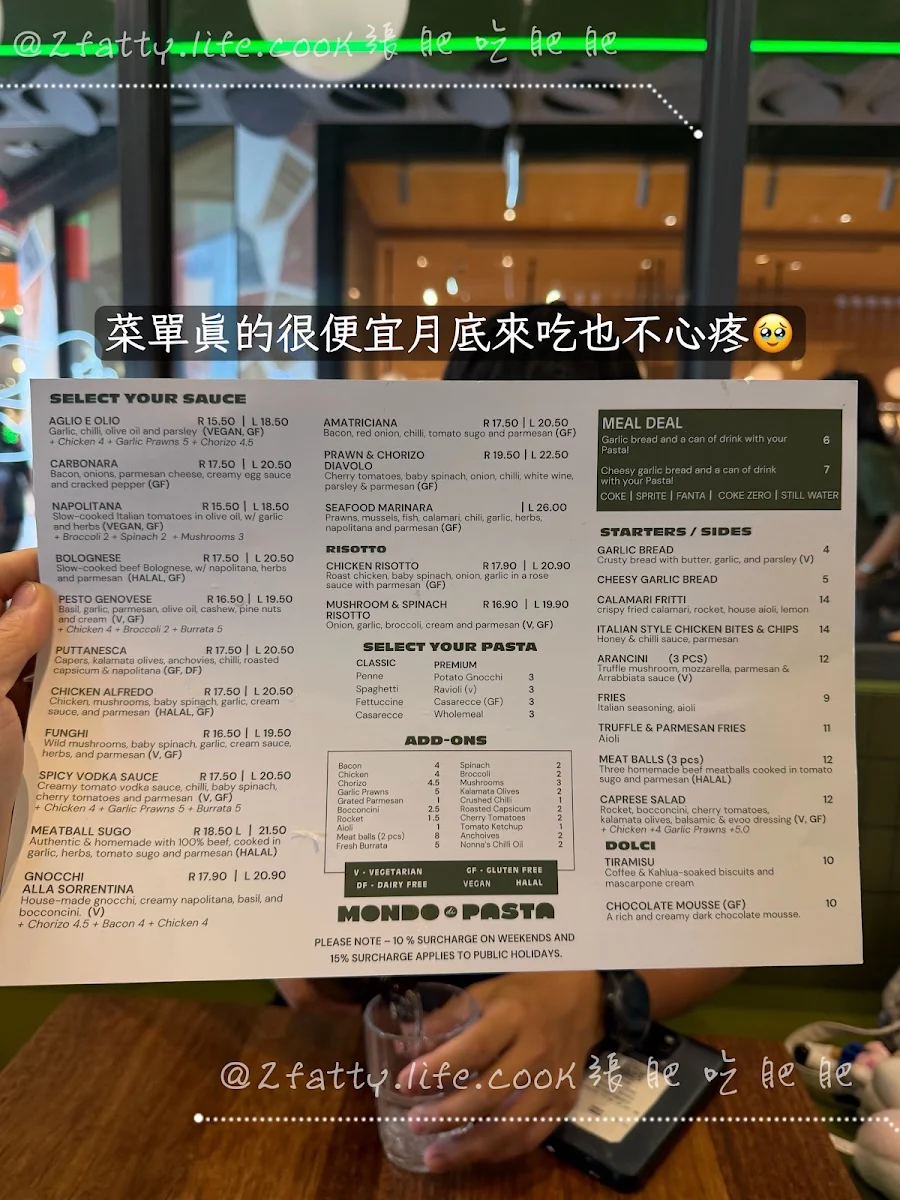 Menu, Mondo Di Pasta (QV Melbourne)