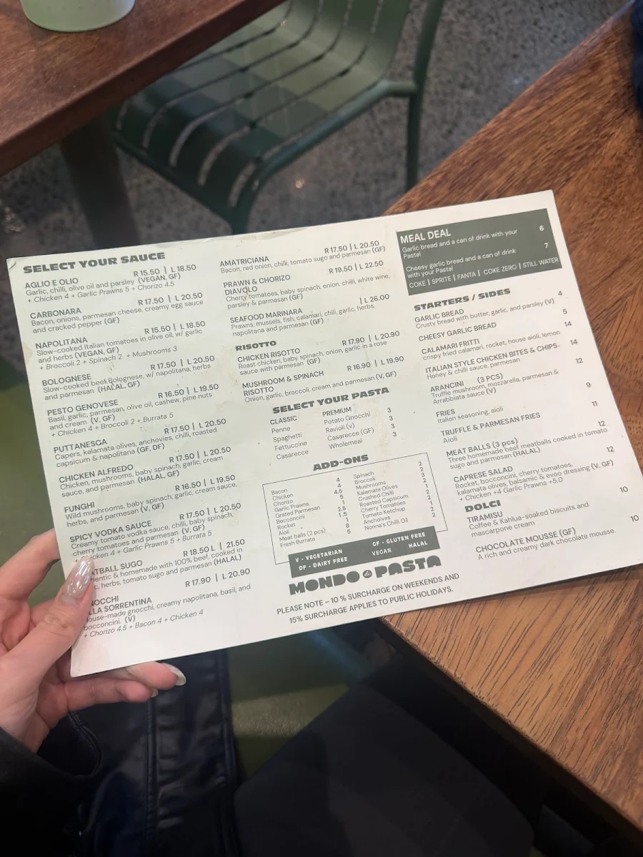 Menu, Mondo Di Pasta (QV Melbourne)