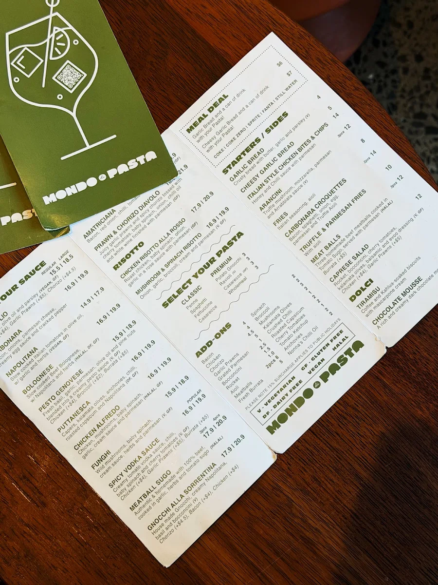 Menu, Mondo Di Pasta (QV Melbourne)