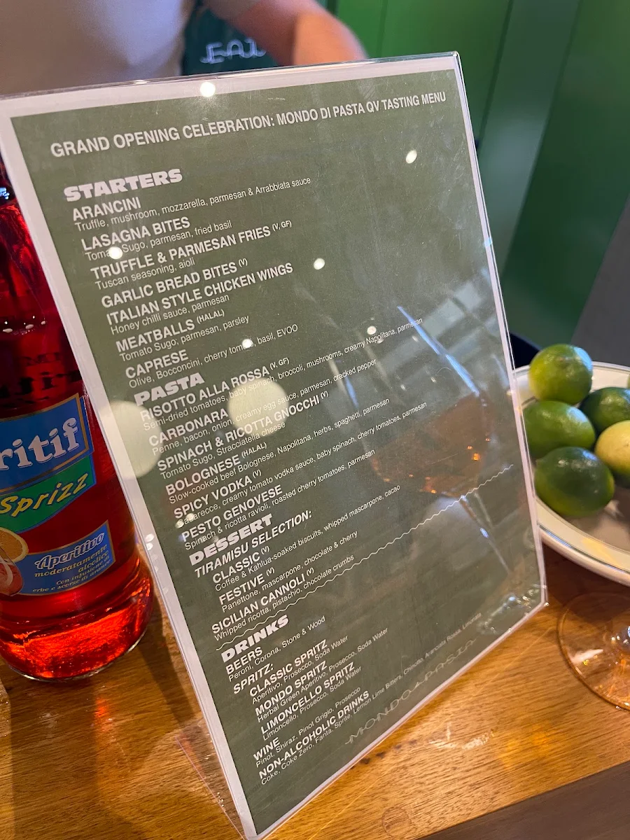 Menu, Mondo Di Pasta (QV Melbourne)
