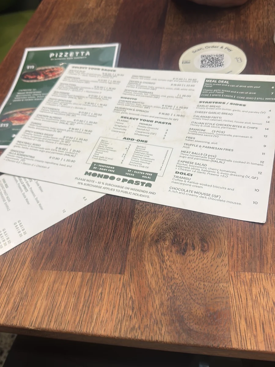 Menu, Mondo Di Pasta (QV Melbourne)