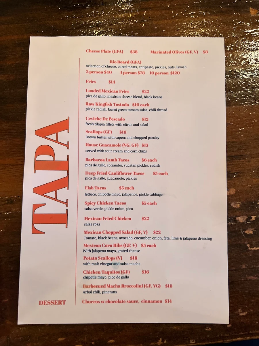 Menu, The Rio