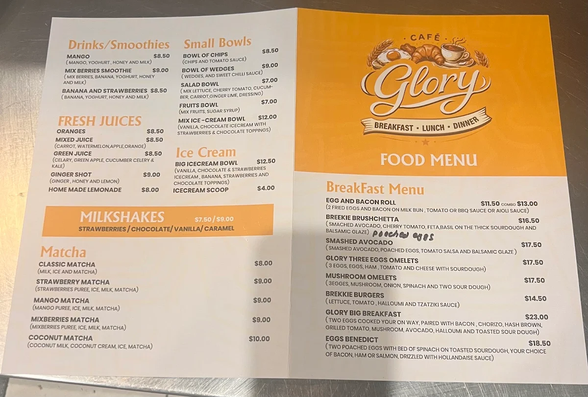 Menu, Cafe Glory and foods