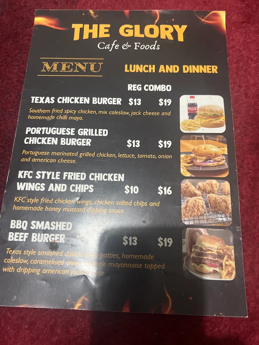 Menu, Cafe Glory and foods