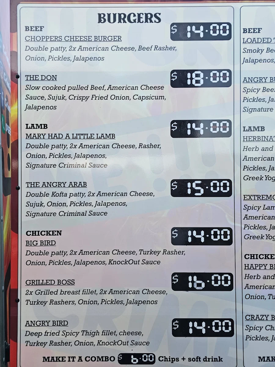 Menu, Criminal Grillz