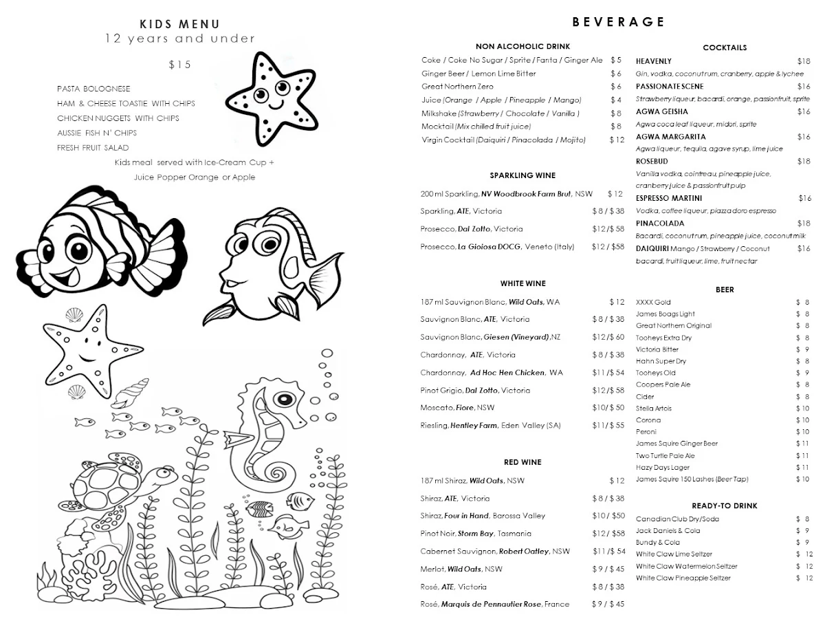 Menu, Coral Hedge Brasserie