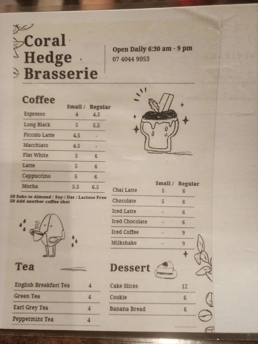 Menu, Coral Hedge Brasserie