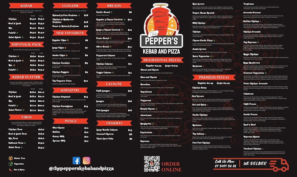 Menu, The Pepper's Pizza and Takeaway