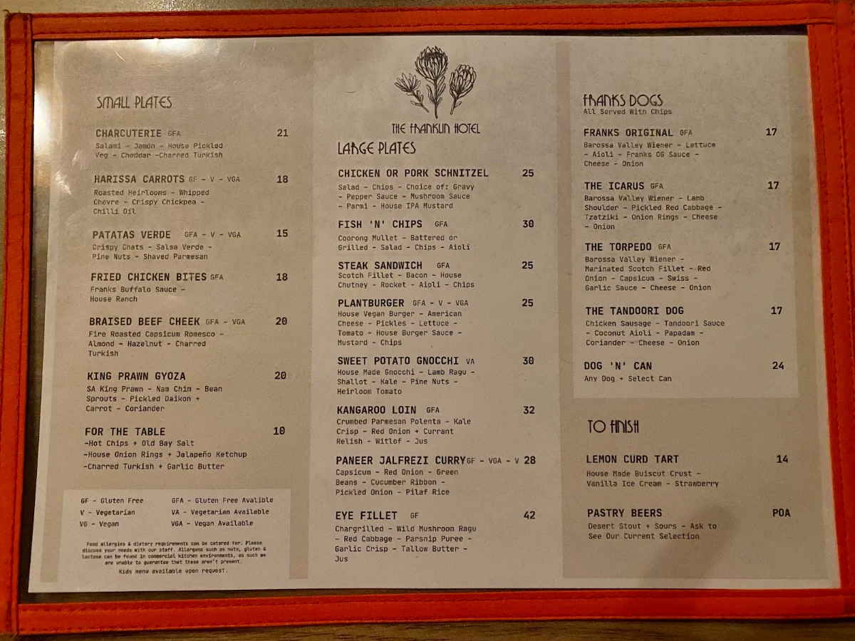 Menu, The Franklin Hotel