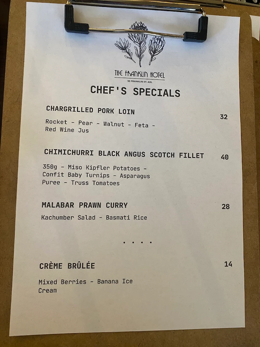 Menu, The Franklin Hotel