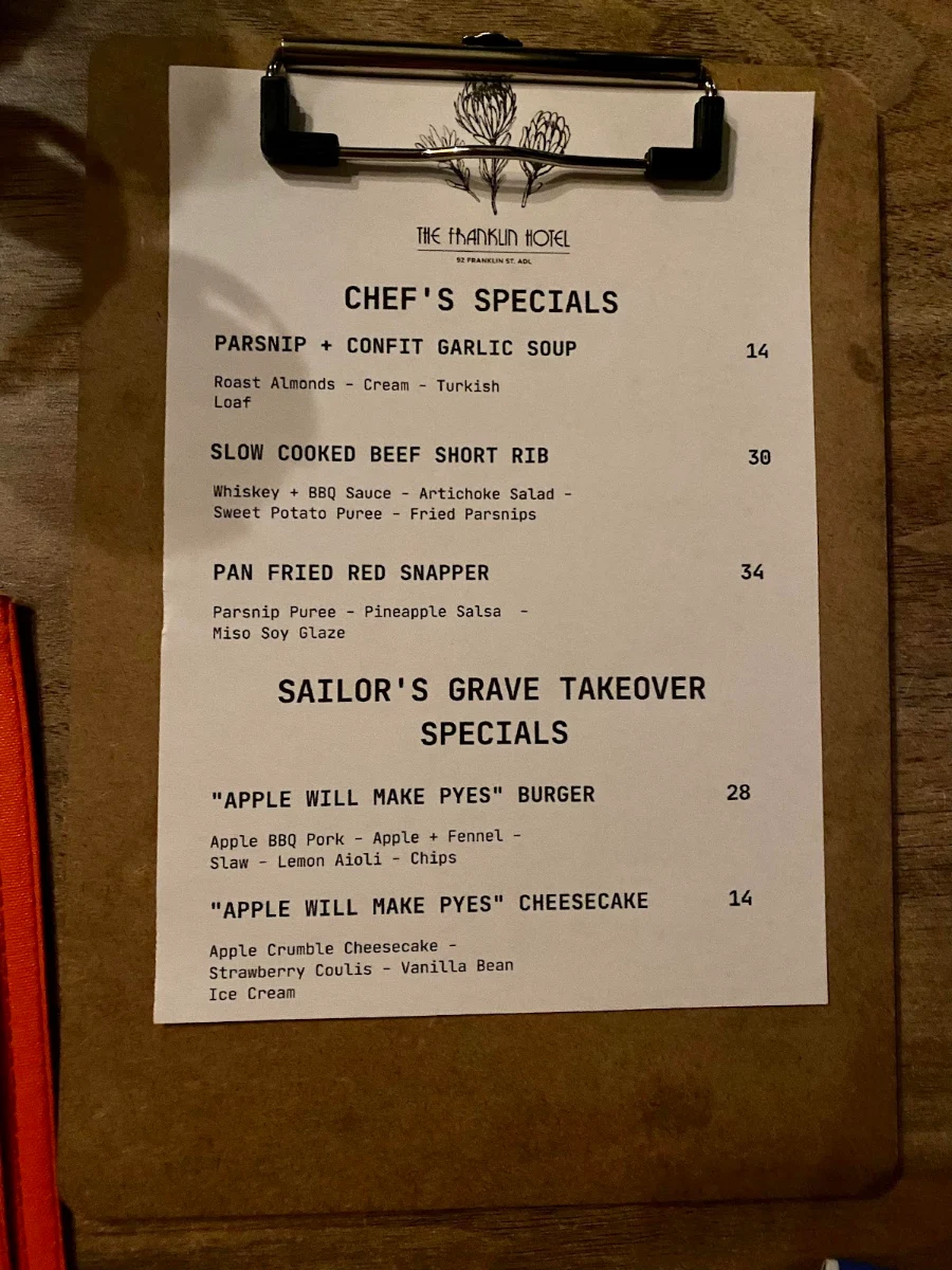 Menu, The Franklin Hotel