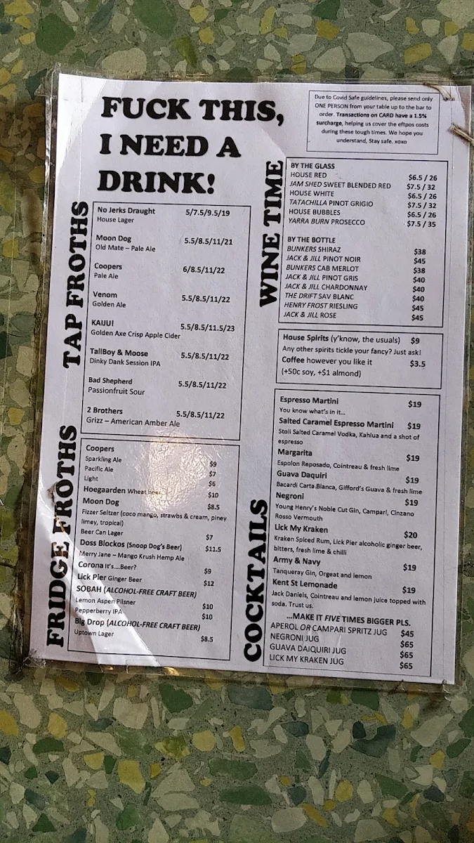 Menu, Kent St Bar