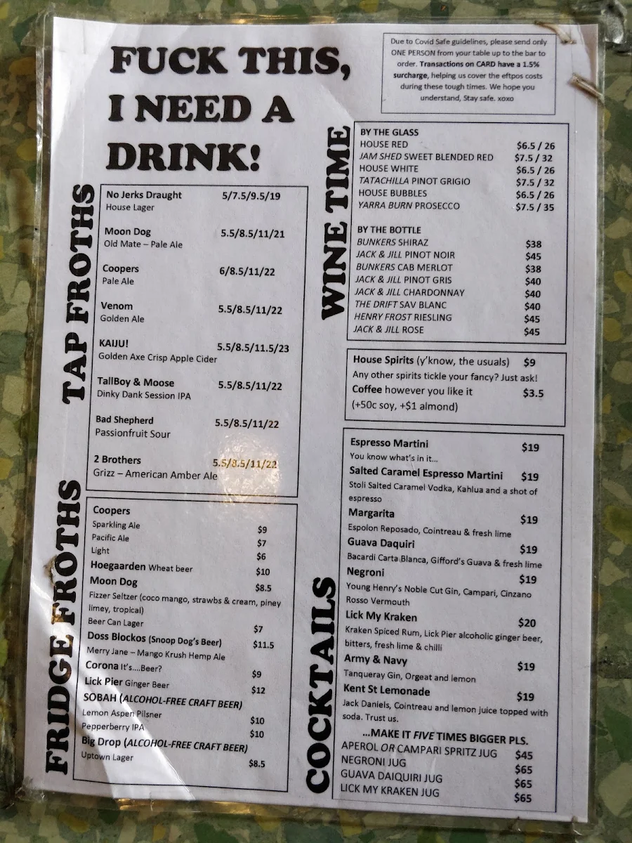 Menu, Kent St Bar