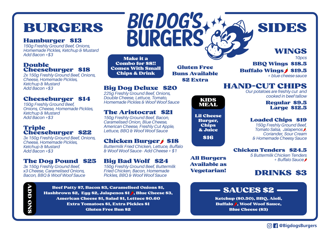 Menu, Big Dog's Burgers